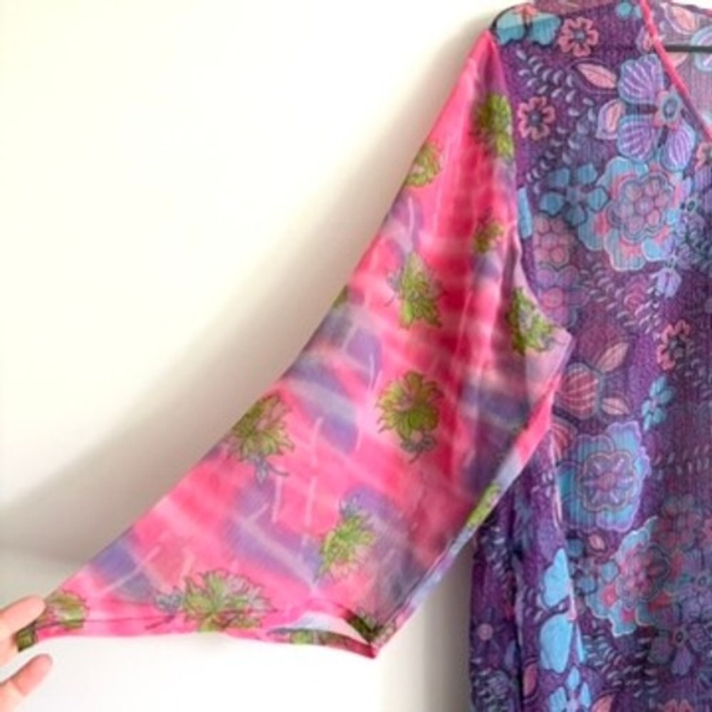 Pyramid Collection Floral Sheer Chiffon Tunic Top 2X Boho Button Up Colorful - Picture 3 of 9